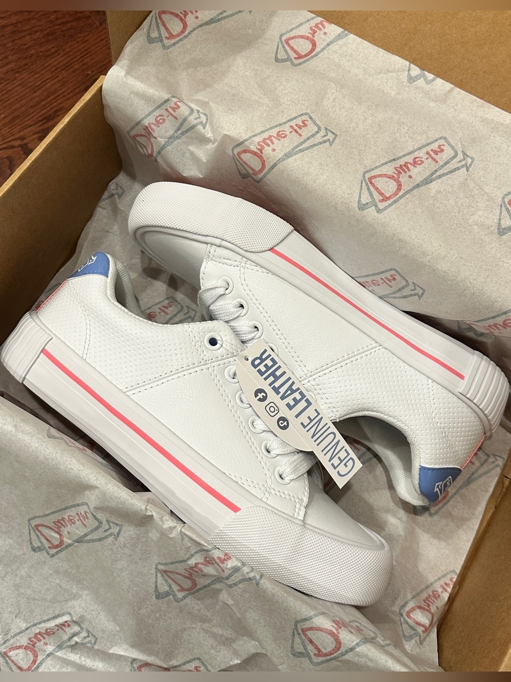Drive-In Genuine Leather White Sneakers with Blue and Pink Accents